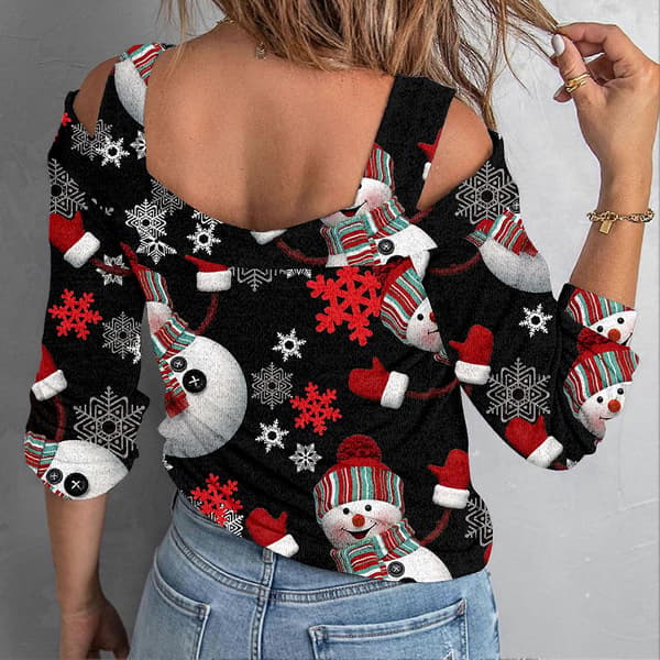 Dame Top Kold Skulder Juleprintet Hul Løs Langærmet Pullover til Dame-lingling}