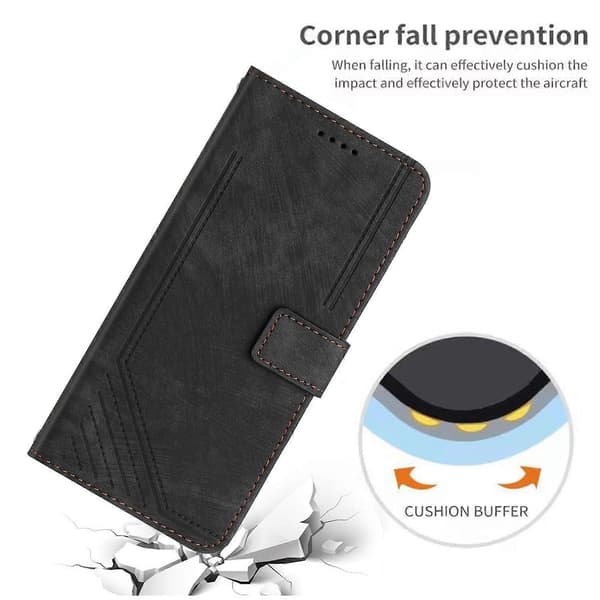 Compatible with iPhone 17 Stand Case Embossed Lines Leather Phone Cover Black Black Black
