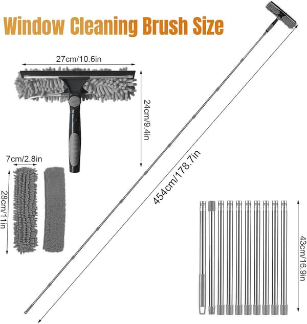 Window Cleaning Kit 2-in-1 Telescopic with Long Handle, Microfiber Cloth, 4.5 m, Grey (1 kit) Grå