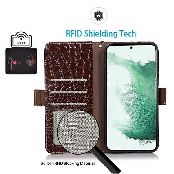 Kompatibelt för Samsung Galaxy S21 FE 5G RFID Äkta Läder Plånboksfodral, Krokodiltextur Vikbart Ställ Brown