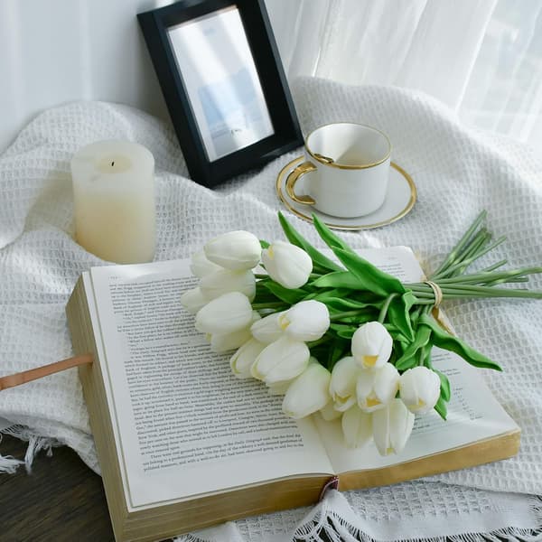 Artificial Tulips, Everlasting Decoration, PU Material, White, 20 Pcs (13.5 Inch)