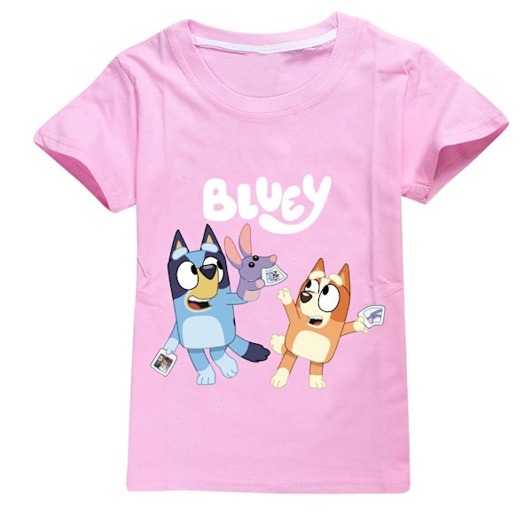 Sesongkampanje! Høykvalitets Bluey skoleferie T-skjorte for barn Gutter Jenter Sommer Strand T-skjorte Topper Rosa Pink 140 cm