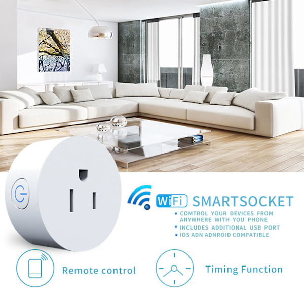 WiFi Smart Plug med fjärrkontroll och timerfunktion och statistik över energiförbrukning Fungerar med & Assitant 10A Smart Socket 2.4G Wi-Fi On-ly