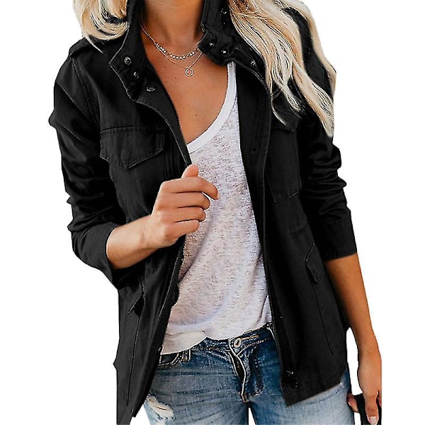 Højkvalitets ny stil Dame Snap Button Militærjakke Streetwear Efterårsfrakke Lang Sl Sort Black 3XL