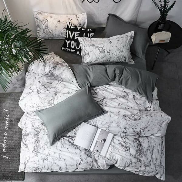 Bedding in White and Anthracite Grey Marble - Double Bed - Printed Patterns on Both Sides - with Zipper (135 x 200 cm)