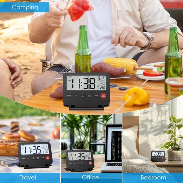Digital Travel Clock with Date, Temperature, and Snooze Function, Powered by AAA Batteries, Black (Batteries Not Included) Zwart