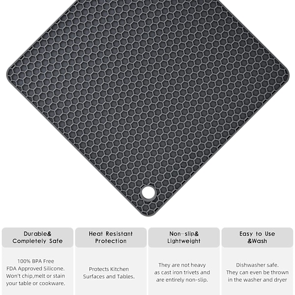Silikon Grytunderlägg för Bänkskiva Grytunderlägg Värmebeständiga Bordsunderlägg 4-pack, Storlek: 19x19 cm, Färg: Grå, Form: Fyrkantig