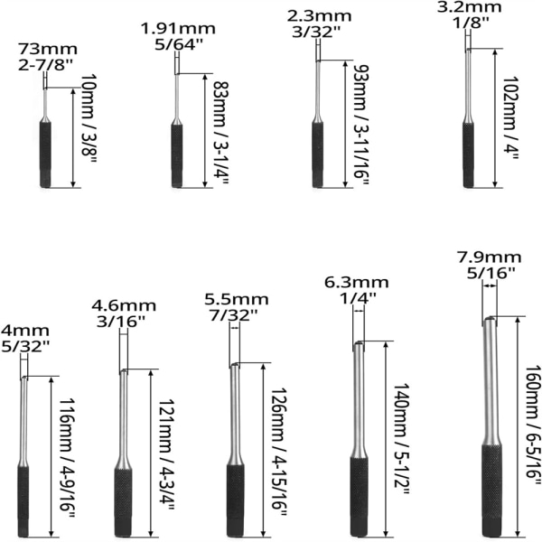 9-delad stiftstångssats 1,5 mm - 8 mm stansverktyg
