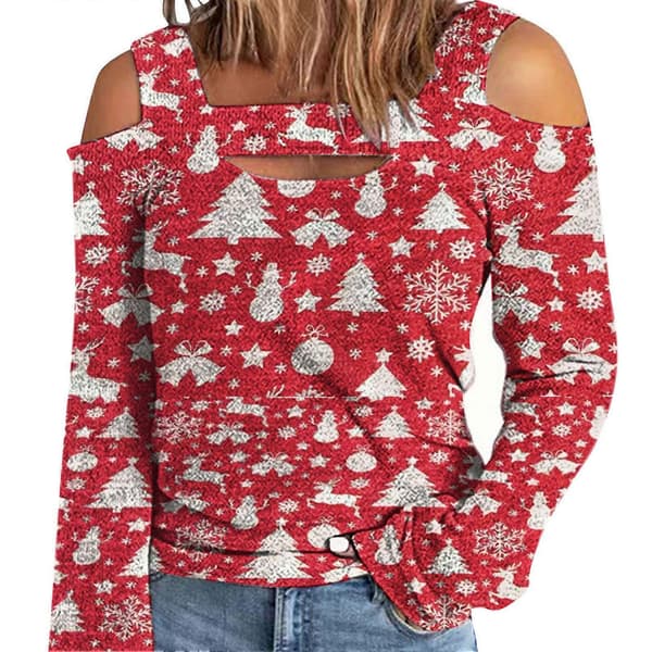 Dame Top Kold Skulder Juleprintet Hul Løs Langærmet Pullover til Dame-lingling}