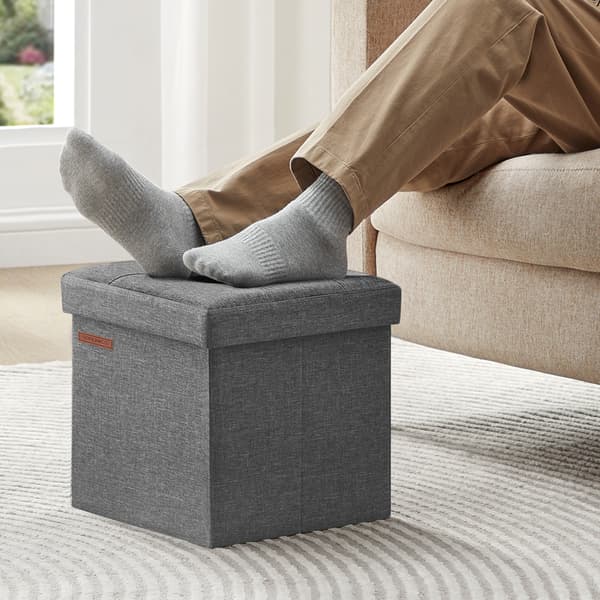 Foldable Soft Footstool with Storage in Dark Grey Fabric