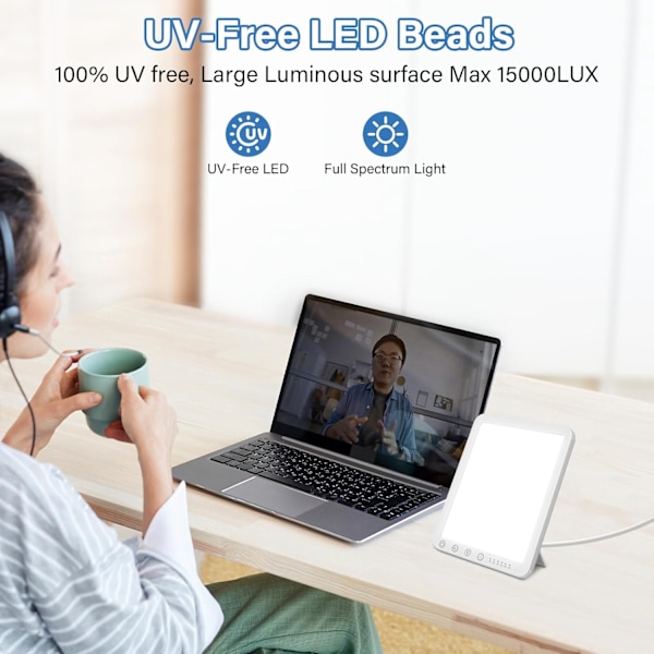 Pære 15000LUX, UV-fri, dagslys, 3 farvetemperaturer, 5 lysstyrkeniveauer og 6 timere, hukommelsesfunktion, 180° foldbart stativ justerbart