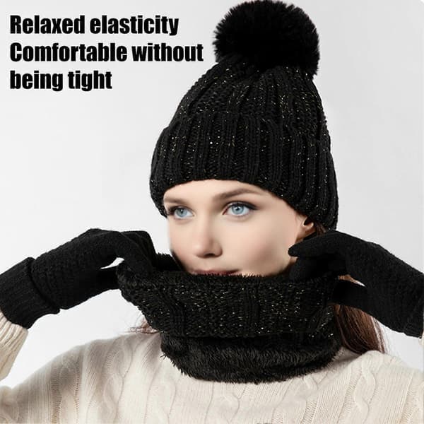 3 delar/set Vinterstickad halsdukshandskar Set Pom Pom Boll Fleecefoder Mössa utan brätte Pekskärmshandskar Grey C