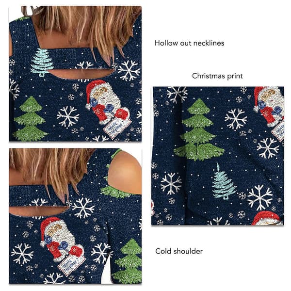 Dame Top Kold Skulder Juleprintet Hul Løs Langærmet Pullover til Dame-lingling}