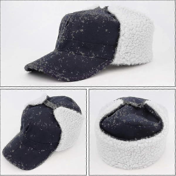 Vintervarm ullcaps med visir og øreklaffer for menn og kvinner (A) Flat Top - Navy Blue 7