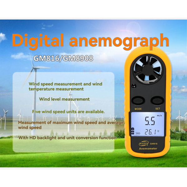Sæsonbestemt kampagne! Høj kvalitet GM816 Anemometer Digitalt anemometer vindmåler med vindindeks