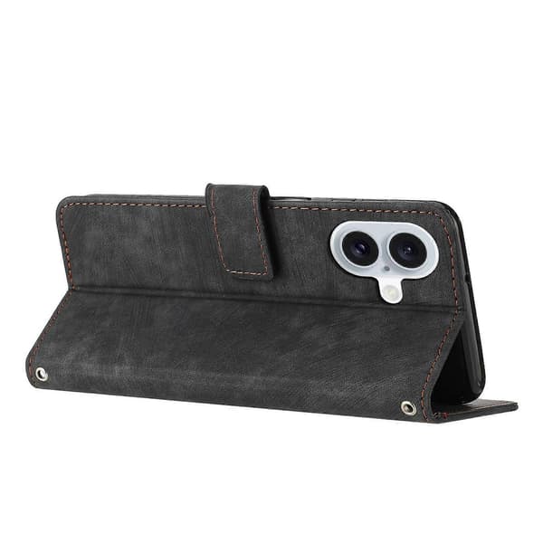 Compatible with iPhone 17 Stand Case Embossed Lines Leather Phone Cover Black Black Black