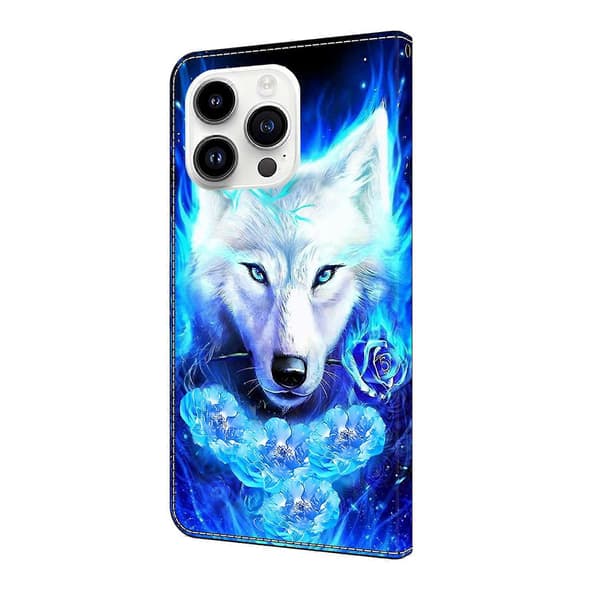 Kompatibel med iPhone 16 Pro Max Läderfodral Mönstertryck Plånboksställ Flip Telefonfodral-lingling} Multicolor White Wolf