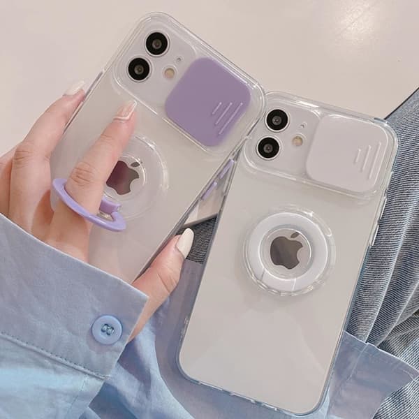 Trendy Design Compatible with iPhone 14 Pro Max Case Clear Bumper Slim Protective Candy Color Sliding Camera Lens Cover (White)