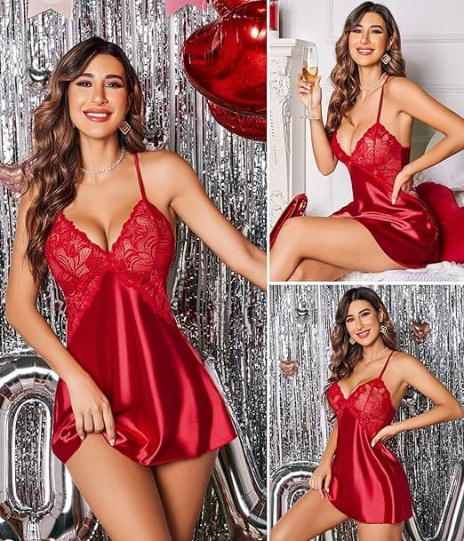 V-hals blonde satengpyjamas for kvinner, rød Red S