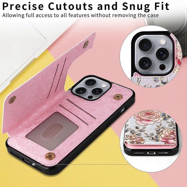 Compatible with iPhone 16 Pro Max Case Flower Leather+TPU RFID Blocking Phone Cover Card Slots Multicolor Multicolor Rose