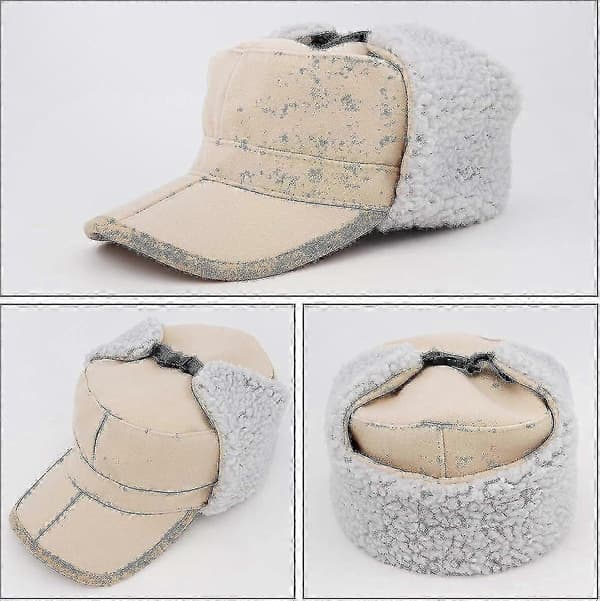 Vintervarm ullcaps med visir og øreklaffer for menn og kvinner (A) Flat Top - Khaki 7