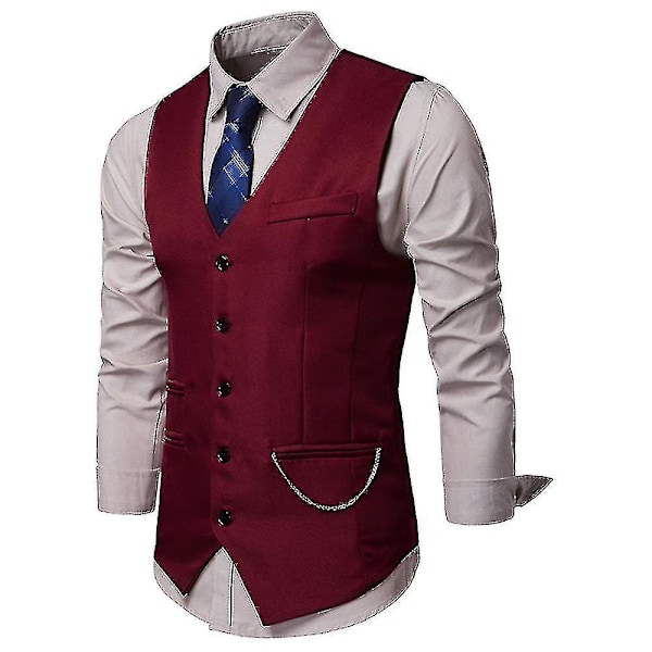 Högkvalitativ ny stil Herrväst V-ringad Kostymväst Enkelknäppt Slim Fit Mode Kostymväst Vinröd Claret S
