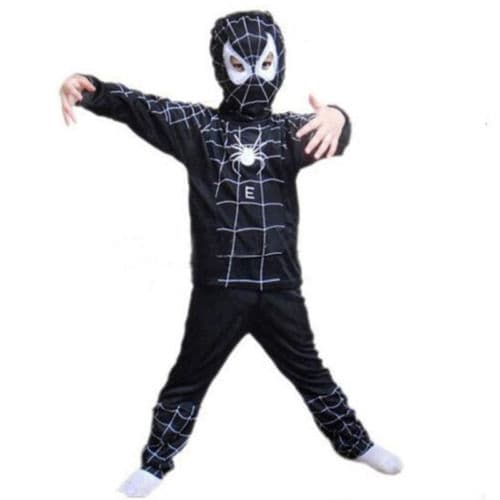 Superhelte-rollespilsdragter til børn, inklusive Superman (stor) og Sort Spider-Man (medium). M Black Spiderman