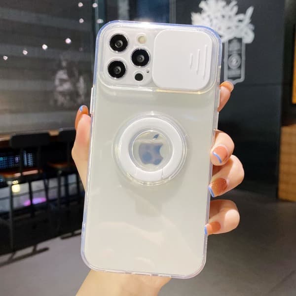 Trendy Design Compatible with iPhone 14 Pro Max Case Clear Bumper Slim Protective Candy Color Sliding Camera Lens Cover (White)
