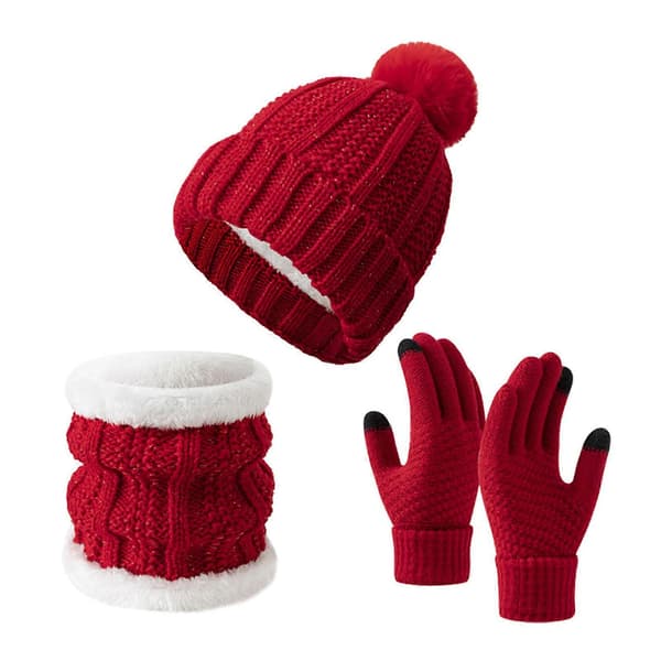 3 delar/set Vinterstickad halsdukshandskar Set Pom Pom Boll Fleecefoder Mössa utan brätte Pekskärmshandskar Red B