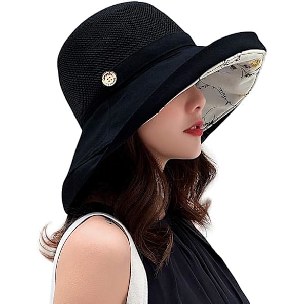 Högkvalitativ ny stil Dam Mesh Solhattar Sommar Strand UV-skydd UPF Packbar Bred Brätte Hakband balck