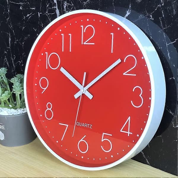 Tyst Väggklocka 30 cm Köksklocka Kvarts Batteridriven Rund Modern Heminredningsklocka för Kontor Klassrum Vardagsrum Sovrum Red-white