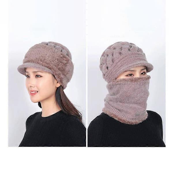 Vintermössa Dam stickad Varm halsduk Plysch Tjock Varm mössa