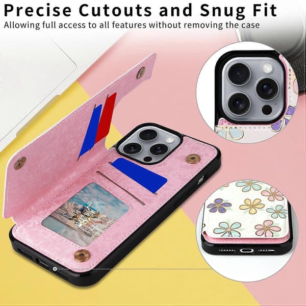 Compatible with iPhone 16 Pro Max Case Flower Leather+TPU RFID Blocking Phone Cover Card Slots Multicolor Multicolor Flowers