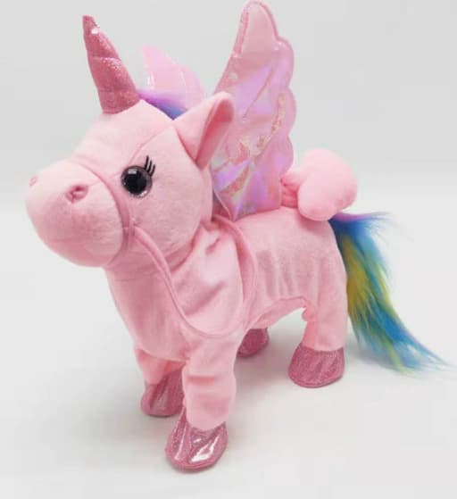 Elektrisk enhörning som går/dansar/sjunger/vickar, rosa. Pink