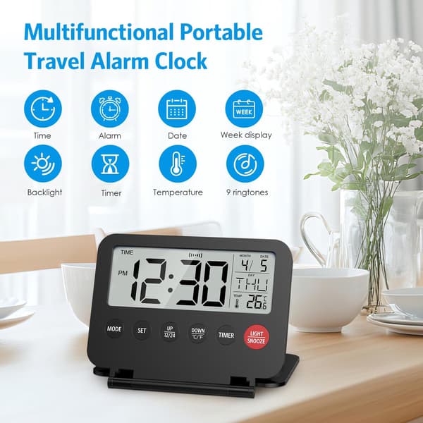Digital Travel Alarm Clock with Date, Temperature, and Snooze Function, Powered by AAA Batteries, White (Batteries Not Included) Wit