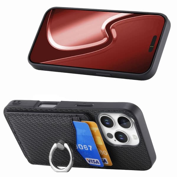 Cover Kompatibel med iPhone 16 Pro Kortlomme + Ring Kulfibertekstur