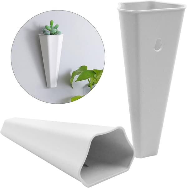 Two White Wall-Mounted Plastic Flower Pots Without Holes