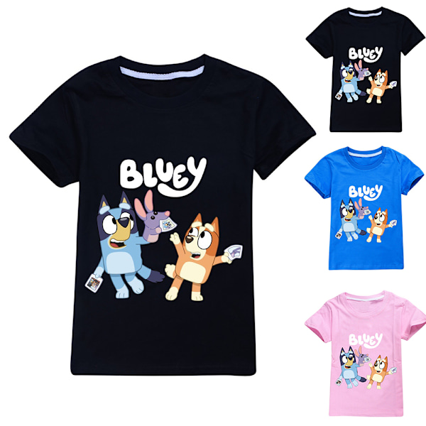 Säsongskampanj! Högkvalitativ Bluey T-shirt för barn, skollov, pojkar, flickor, sommar, strand, toppar, svart, svart Black 120 cm