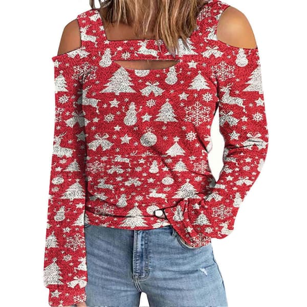 Dame Top Kold Skulder Juleprintet Hul Løs Langærmet Pullover til Dame-lingling}