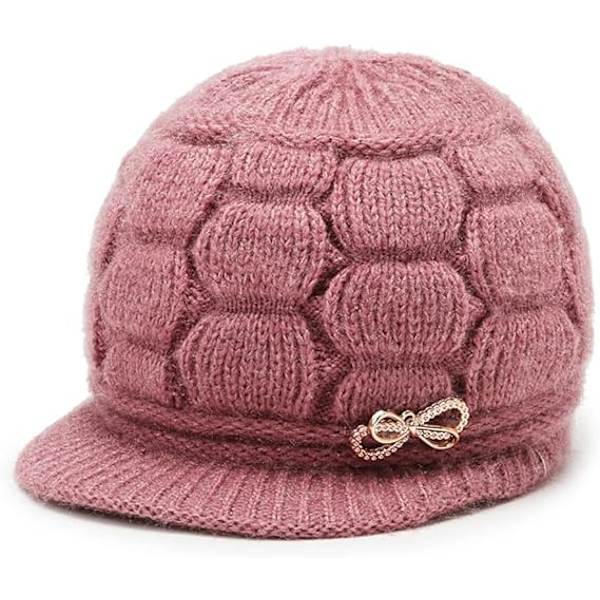 Rosa solhatt for kvinner - varm vinterlue foret med strikket elastisk ull