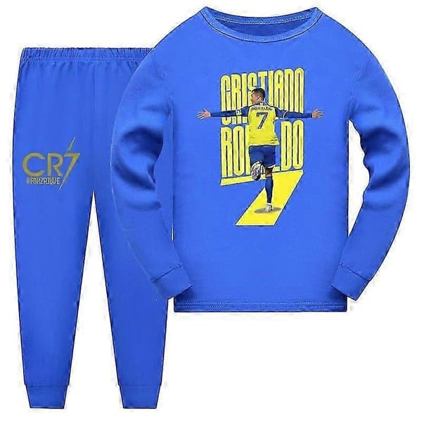 CR7 Ronaldo Bomulls Pyjamas för Barn Topp+Byxor Sovkläder Nattklädesset Ålder 2-14 blå blue 140