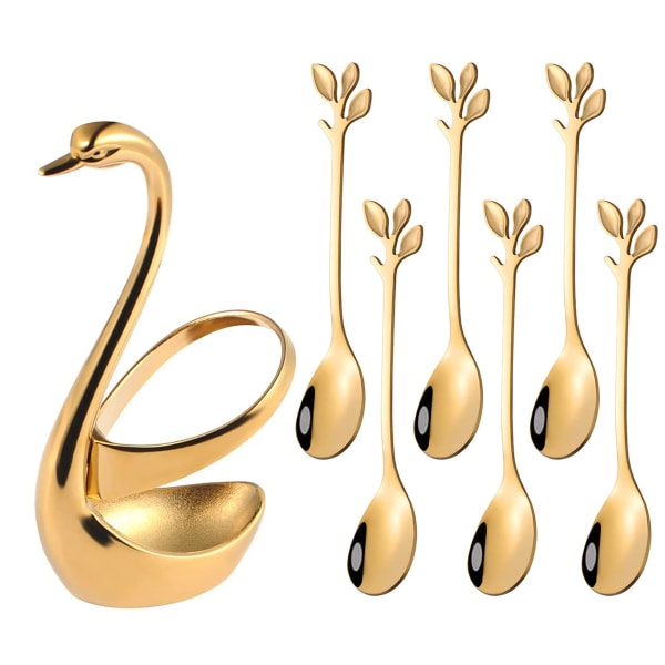 Guld svanformad bas med sex 7,4-tums teskedar i silver rostfritt stål Gold