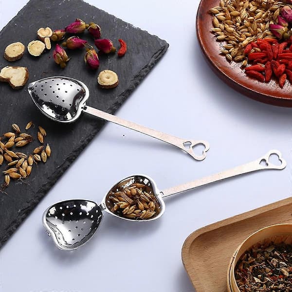 4-pak løs te-infuser, løs te-si, langt greb, hjerteformet teske i rustfrit stål