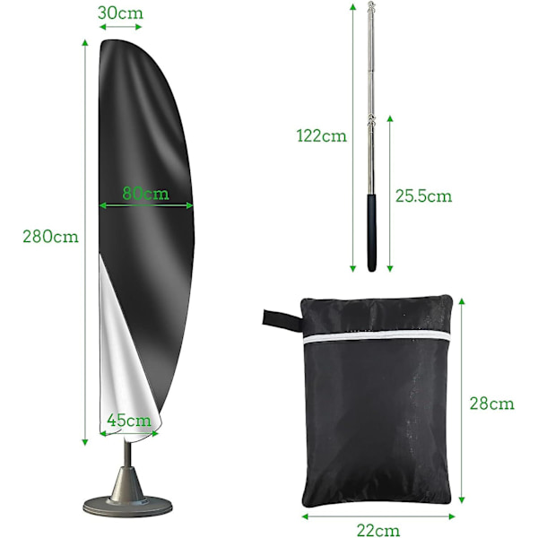 Laadukas uusi aurinkovarjon suojus 3m 4m vetoketjulla, pituus 1,4m teleskooppivarrella, 280x30/80/45cm.