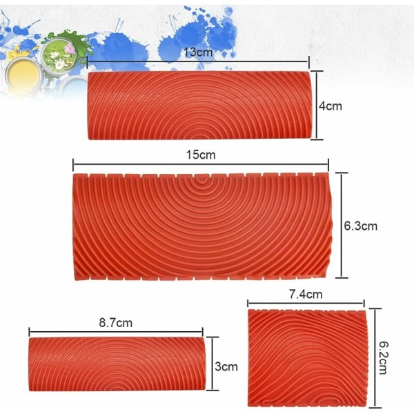 4-pack träkorn gummimålning verktyg, imiterat trä kam, imiterat trä rulle för möbler väggdekoration (röd)