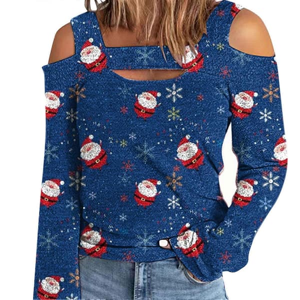 Dame Top Kold Skulder Juleprintet Hul Løs Langærmet Pullover til Dame-lingling}