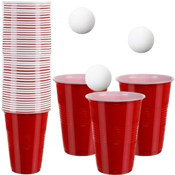 Party Beer Pong Spel - 50 Plastglas och 3 Bollar Röda