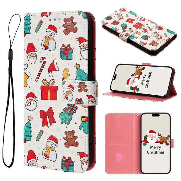 Kompatibel med iPhone 17 Pro Max Plånboksfodral Julmönster Tryck Läder Telefonskal med Snodd-lingling} Christmas Elements