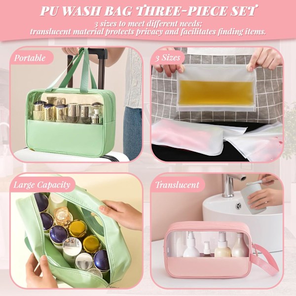 Højkvalitets nyt stil 3 stk PVC kosmetiktasker med håndtag sæt, bærbar transparent toilet taske vandtæt Pink