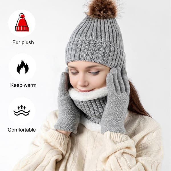 3 delar/set Vinterstickad halsdukshandskar Set Pom Pom Boll Fleecefoder Mössa utan brätte Pekskärmshandskar Red C